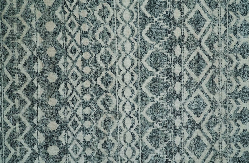 9x13 Hand Knotted Ivory and Teal Blue Modern Contemporary Southwestern Tribal Trellis Recycled Silk Area Rug | OP51