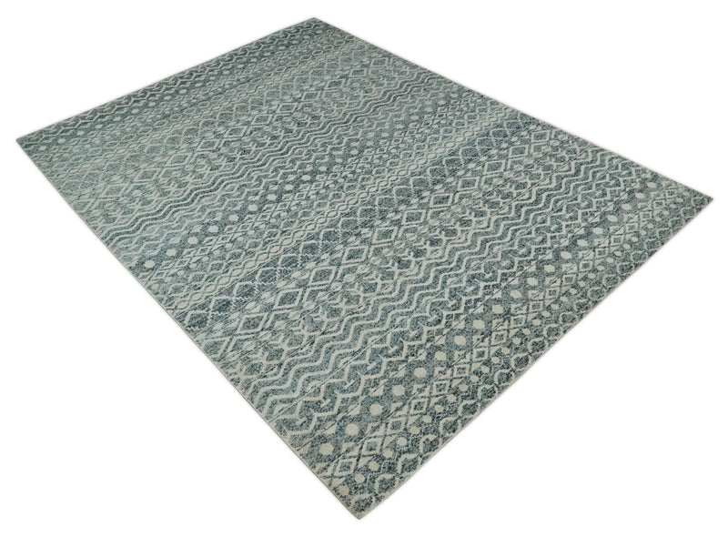 9x13 Hand Knotted Ivory and Teal Blue Modern Contemporary Southwestern Tribal Trellis Recycled Silk Area Rug | OP51
