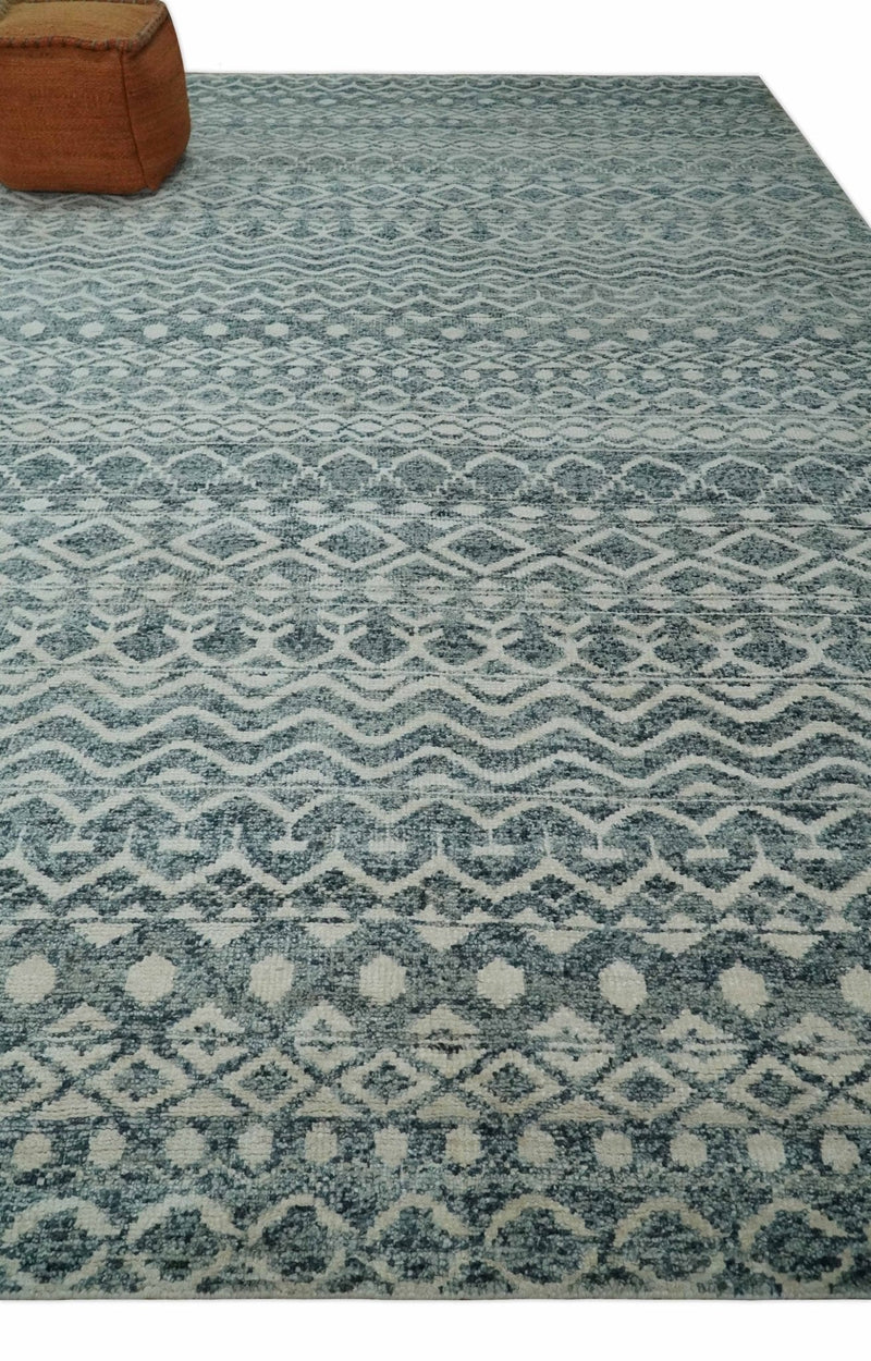 9x13 Hand Knotted Ivory and Teal Blue Modern Contemporary Southwestern Tribal Trellis Recycled Silk Area Rug | OP51