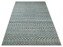 Ivory and Teal Blue Hand Knotted Southwestern Tribal Trellis Area Rug 9x13 Recycled Silk