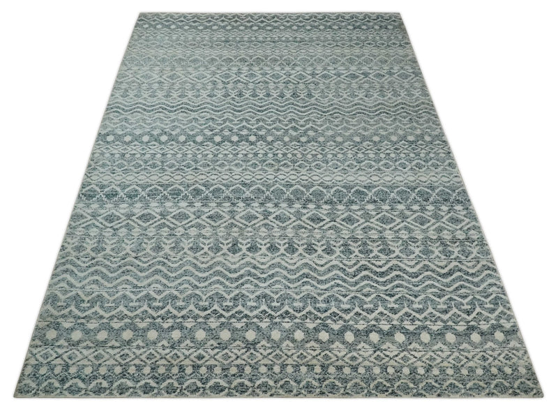 9x13 Hand Knotted Ivory and Teal Blue Modern Contemporary Southwestern Tribal Trellis Recycled Silk Area Rug | OP51
