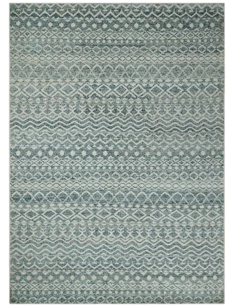 9x13 Hand Knotted Ivory and Teal Blue Modern Contemporary Southwestern Tribal Trellis Recycled Silk Area Rug | OP51