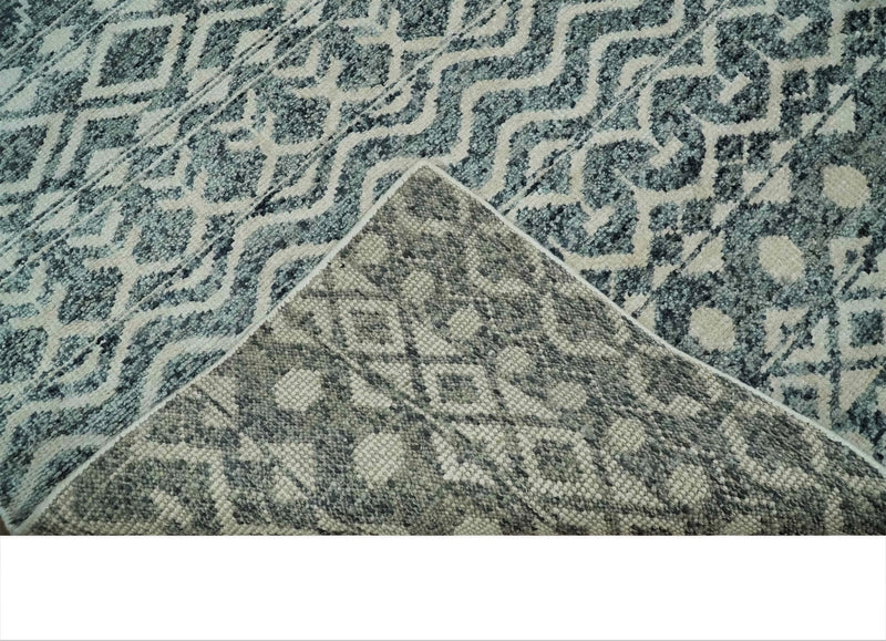 9x13 Hand Knotted Ivory and Teal Blue Modern Contemporary Southwestern Tribal Trellis Recycled Silk Area Rug | OP51