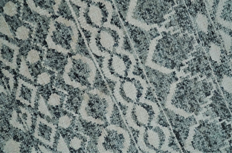 9x13 Hand Knotted Ivory and Teal Blue Modern Contemporary Southwestern Tribal Trellis Recycled Silk Area Rug | OP51