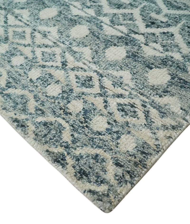 9x13 Hand Knotted Ivory and Teal Blue Modern Contemporary Southwestern Tribal Trellis Recycled Silk Area Rug | OP51