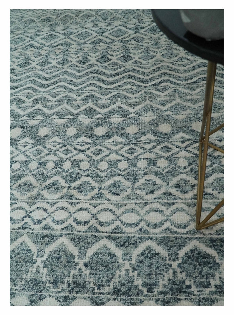 9x13 Hand Knotted Ivory and Teal Blue Modern Contemporary Southwestern Tribal Trellis Recycled Silk Area Rug | OP51