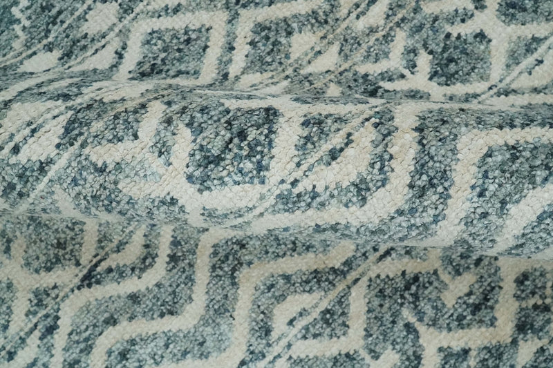 9x13 Hand Knotted Ivory and Teal Blue Modern Contemporary Southwestern Tribal Trellis Recycled Silk Area Rug | OP51