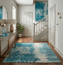 Modern Abstract Wool Area Rug 9x9 - Teal Silver Beige Hand Tufted