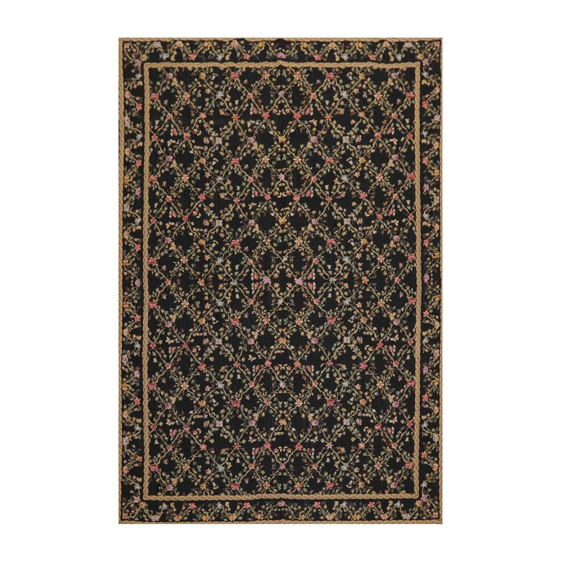 6x9 Black Hand Woven Wool French Aubusson Needlepoint Flat pile Oriental Area Rug