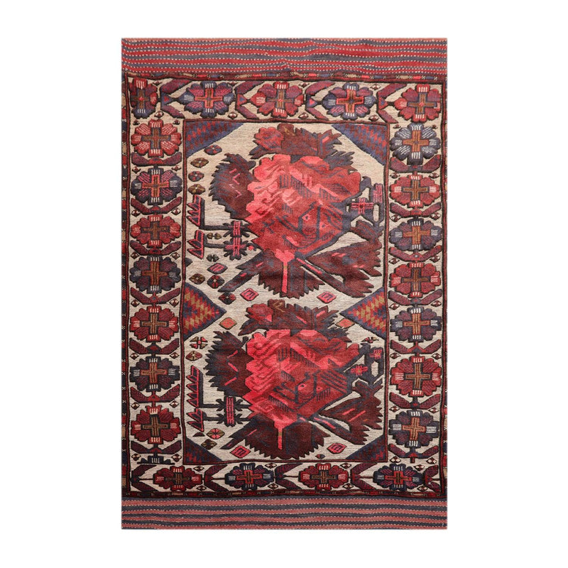 4'2" x 6'4" Antique Hand Knotted Wool High low Pile Oriental Area Rug Beige