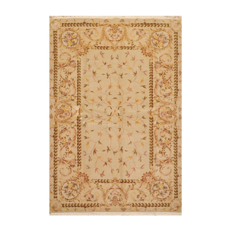 5'9" x 8'9" Hand Knotted 300KPSI Wool & silk Aubusson Savonnerie Area Rug Beige