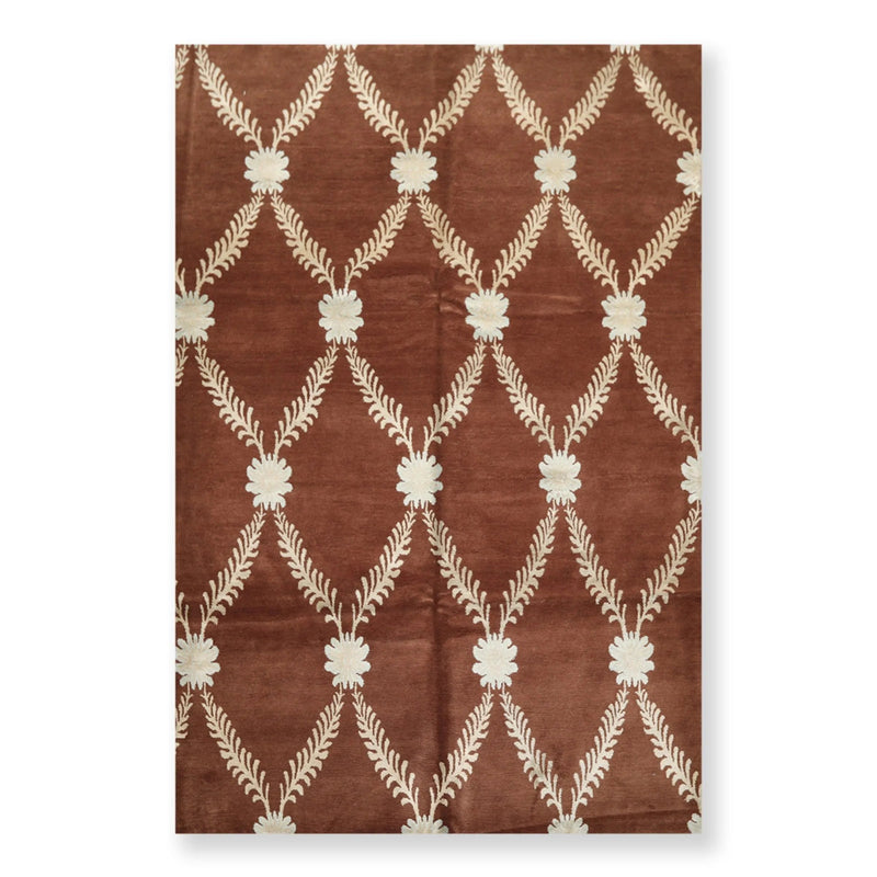 6' x 9' Hand Knotted Trellis Wool & Silk Tibetan Oriental Area Rug Brown