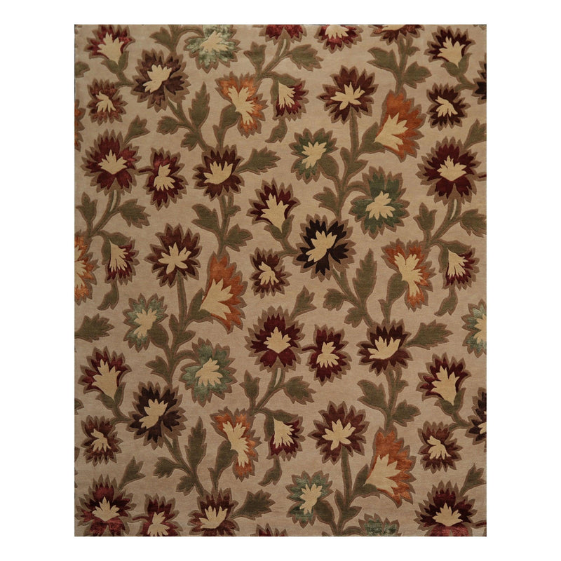 7'11"x9'9" Hand Knotted Floral Wool & Silk Tibetan Oriental Area Rug Beige