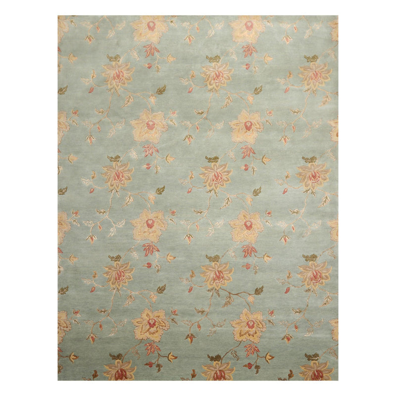 8'1" x11' Hand Knotted Wool & Silk Bold floral Pattern Tibetan Area Rug Sea Blue