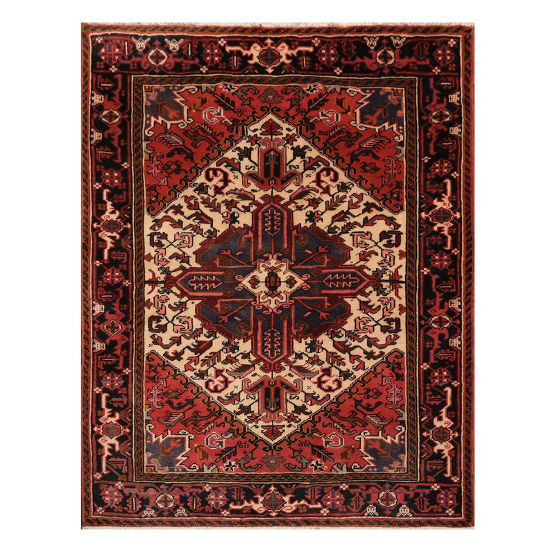 5'1" x 6'6" Hand Knotted Wool Herizz Vegetable Dyes Oriental Area Rug Ivory Red