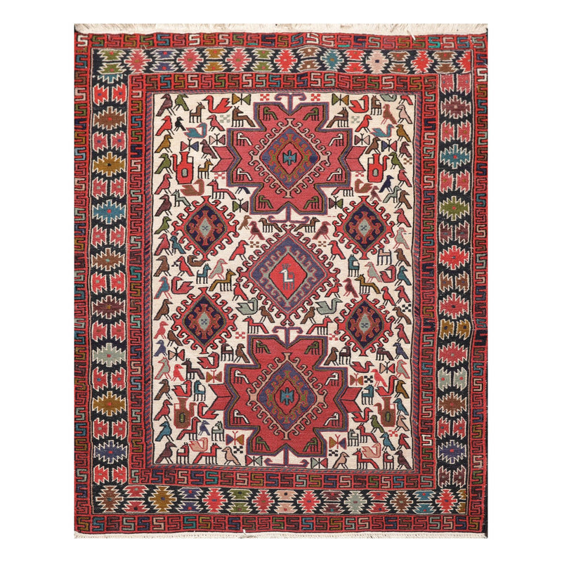 3'10" x 4'9" Hand Knotted 100% Wool Flat pile Area Rug Traditional Ivory