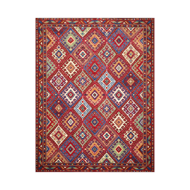 8 x 11 Geometric Panel Style Wool Area Rug Red Made in USA