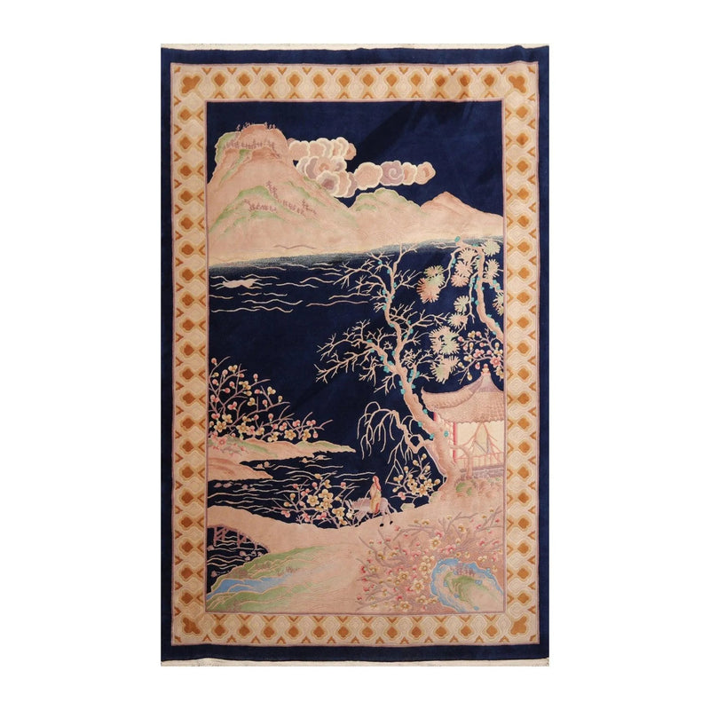 6' x 9' Hand Knotted 100% Wool Art Deco Traditional Oriental Area Rug Navy
