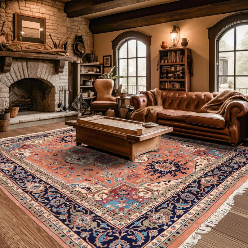 8X10 Peach Hand Knotted Traditional Heriz Medallion Wool Oriental Area Rug