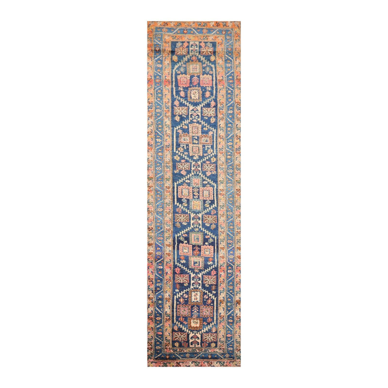 3'6" x 13'7" Antique Runner Hand Knotted Wool Malayar Oriental Area Rug Blue