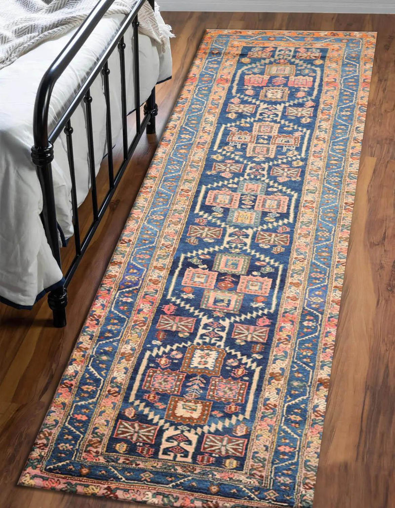3'6" x 13'7" Antique Runner Hand Knotted Wool Malayar Oriental Area Rug Blue