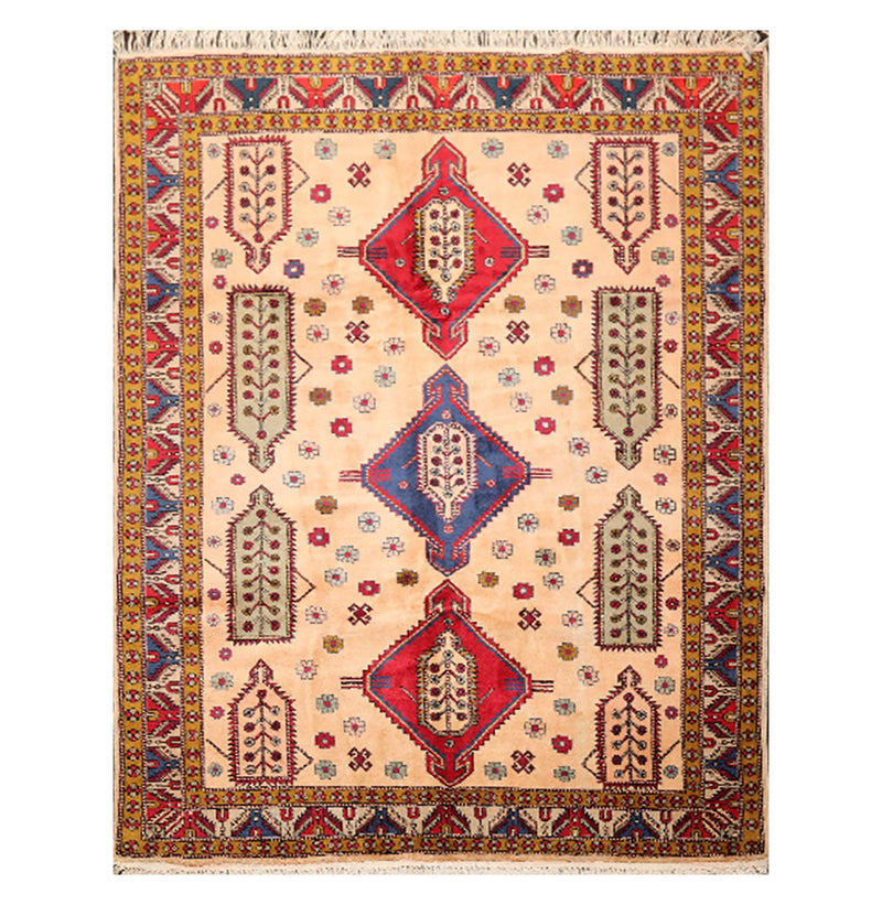 6'6" x 9'4" Hand Knotted Handmade Wool Arts & Craft Kazak Area Rug Light Peach