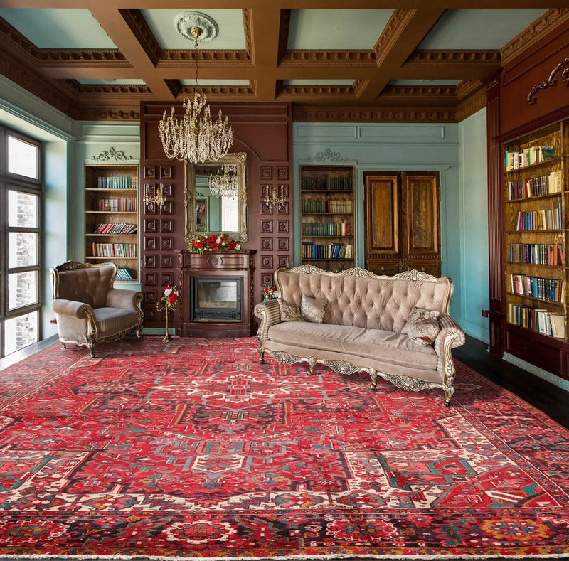 9'7'' x 13'5'' Antique Hand Knotted 100% Wool Herizz Oriental Area Rug Red