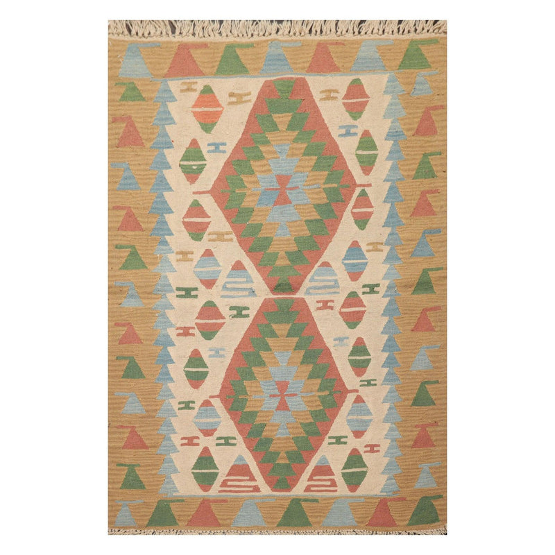 3'9" x 5'2" Hand Woven 100% Wool Southwestern Turkish Kilim Area Rug Beige