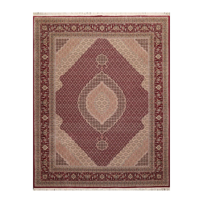 8x10 Red, Beige Hand Knotted Wool and Silk Fish Mahi Traditional 250 KPSI Oriental Area Rug