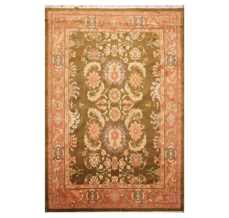 5'10'' x 8'9" Hand Knotted Tibetan Wool Classic European Area Rug Olive