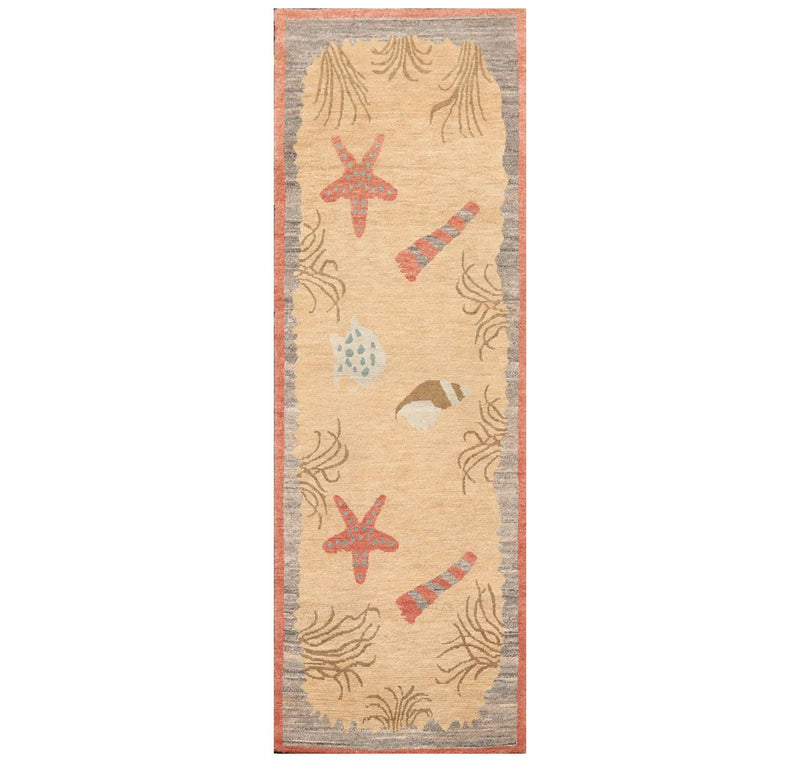 3'1" x 8'11" Runner Hand Knotted Tibetan Wool Designer Plus Pile Area Rug Beige