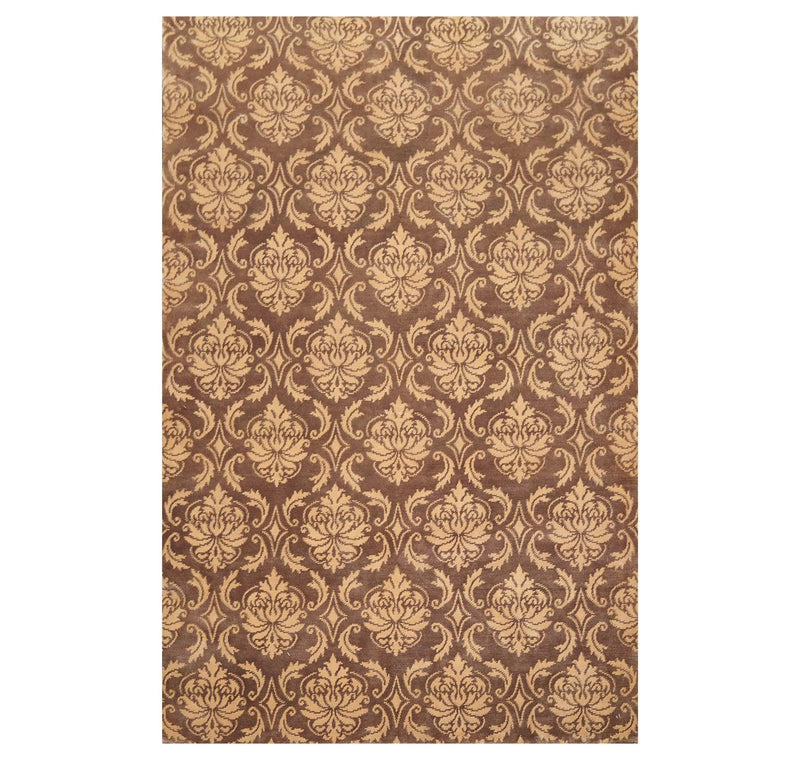 6'1" x 9'3" Hand Knotted Tibetan Wool Damask Designer Area Rug Brown Caramel