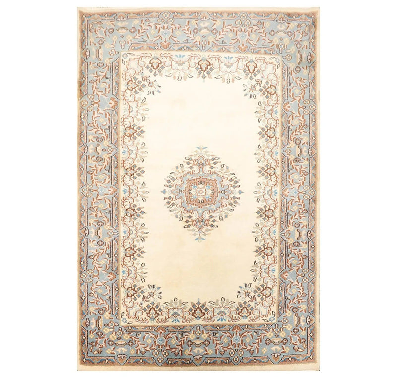 4'2'' x 6'3'' Hand Knotted 100% Wool Kerman Traditional Oriental Area Rug Cream