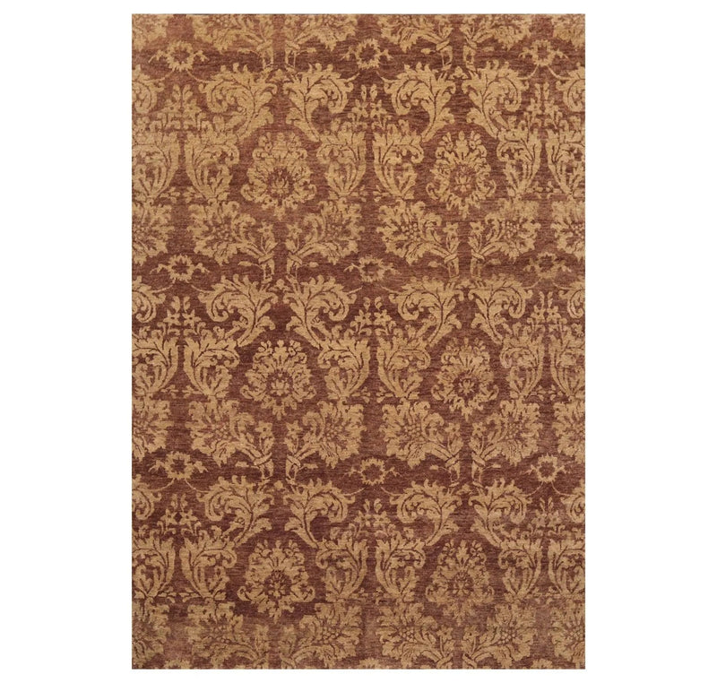 6' x 8'8'' Hand Knotted New Zealand Wool Damask Antique Finish Area Rug Brown