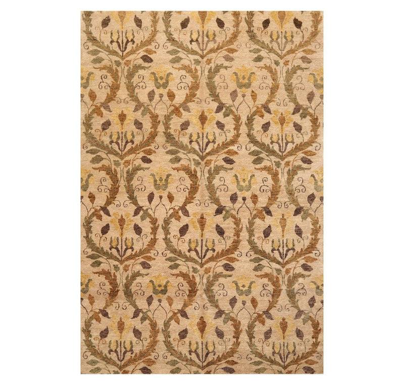 5'11" x 8'10" Hand Knotted Botanical New Zealand Wool Oriental Area Rug Tan