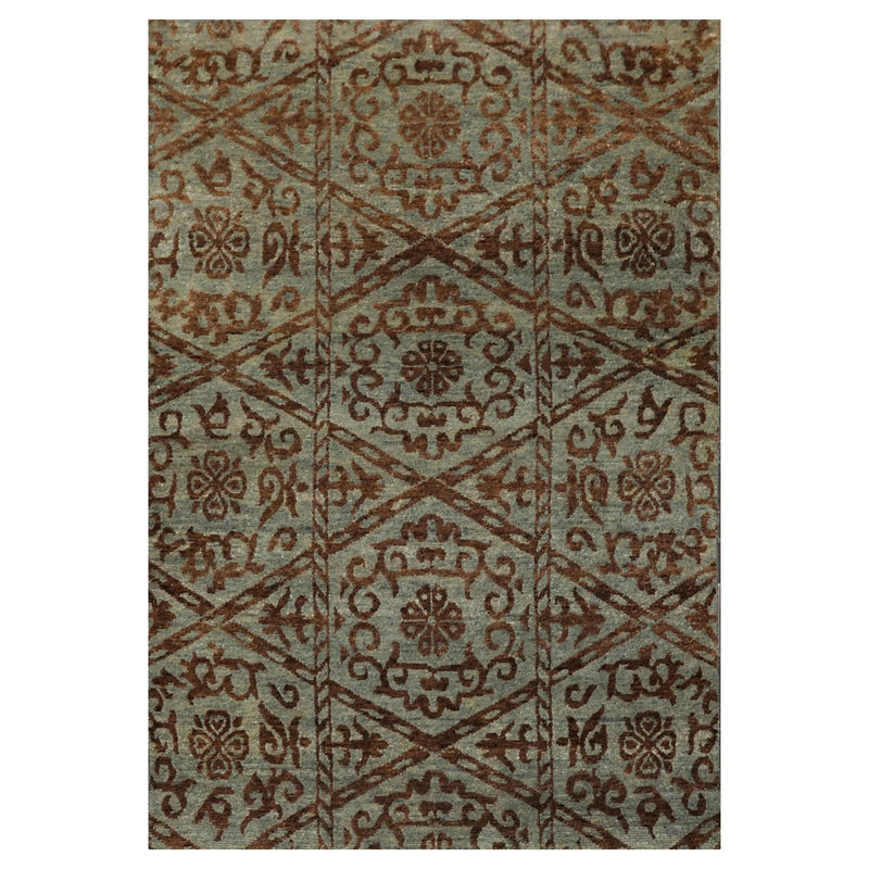 4x6 Aqua, Brown Hand Knotted Indo Tibetan New Zealand Wool Transitional Oriental Area Rug