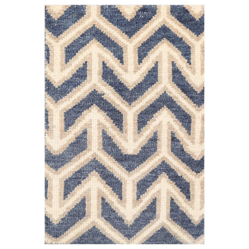 2' x 3' Hand Knotted Indo-Tibetan Wool Modern Oriental Area Rug Blue, Ivory