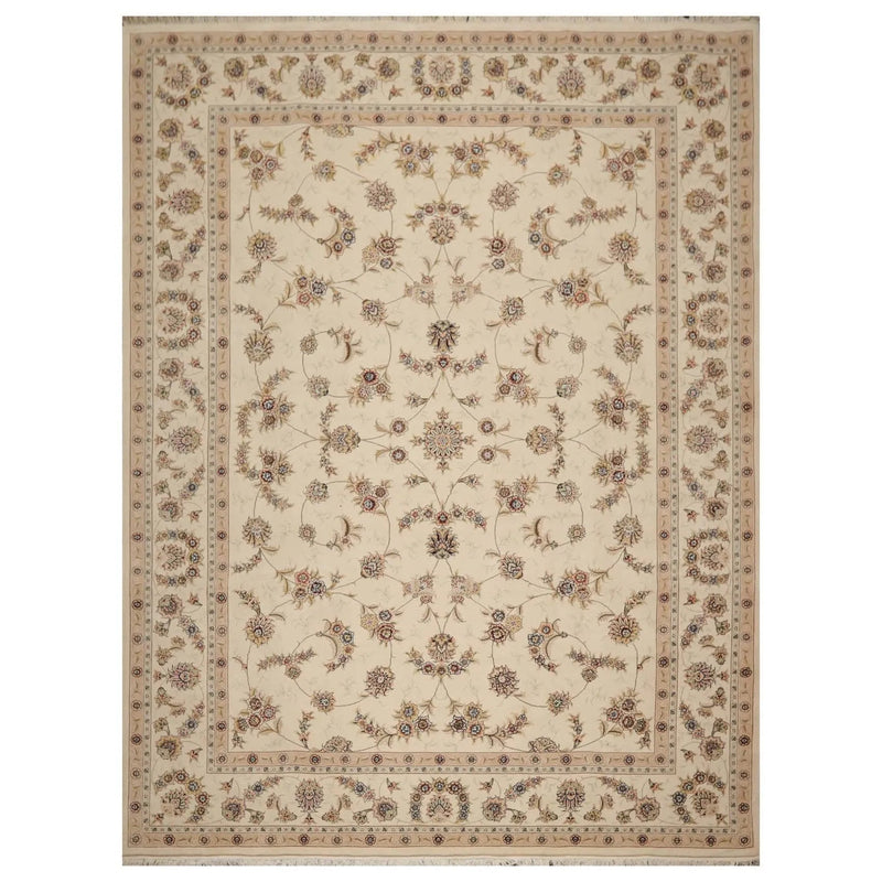 9' x 12' Hand Knotted Wool and silk Sino Persian Isphahan Oriental Area Rug Cream