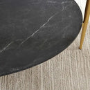 Oval Glass Coffee Table, Mid-Century Modern Design, L43 x W22 x H17 inch, Surfboard Shaped Grey Glass Top and Black Marble Finish Wood Shelf, Tapered Legs with Gold Finish Frame by CozyNest Decor