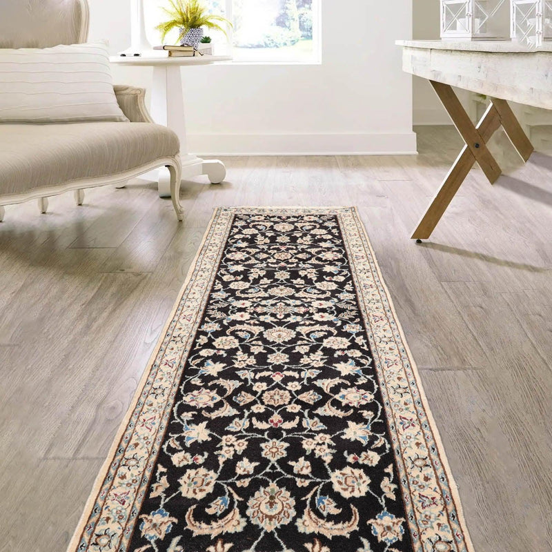 2'3" x 6'8" Runner Hand Knotted Wool Nain 200 KPSI Oriental Area Rug Black