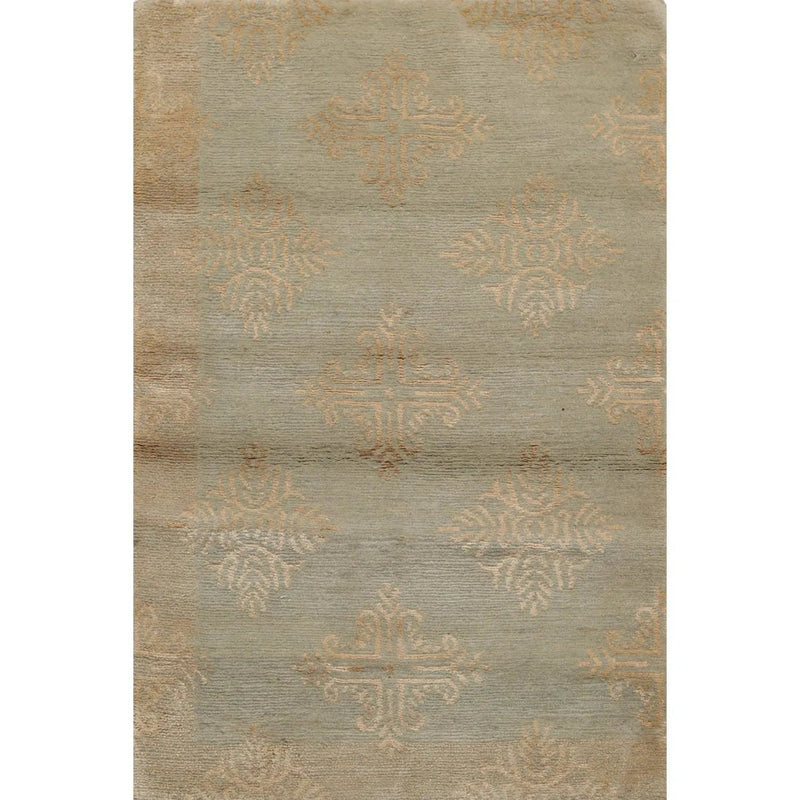2' x 3' Hand Knotted Wool & Silk Modern Tibetan Oriental Area Rug Aqua, Tan