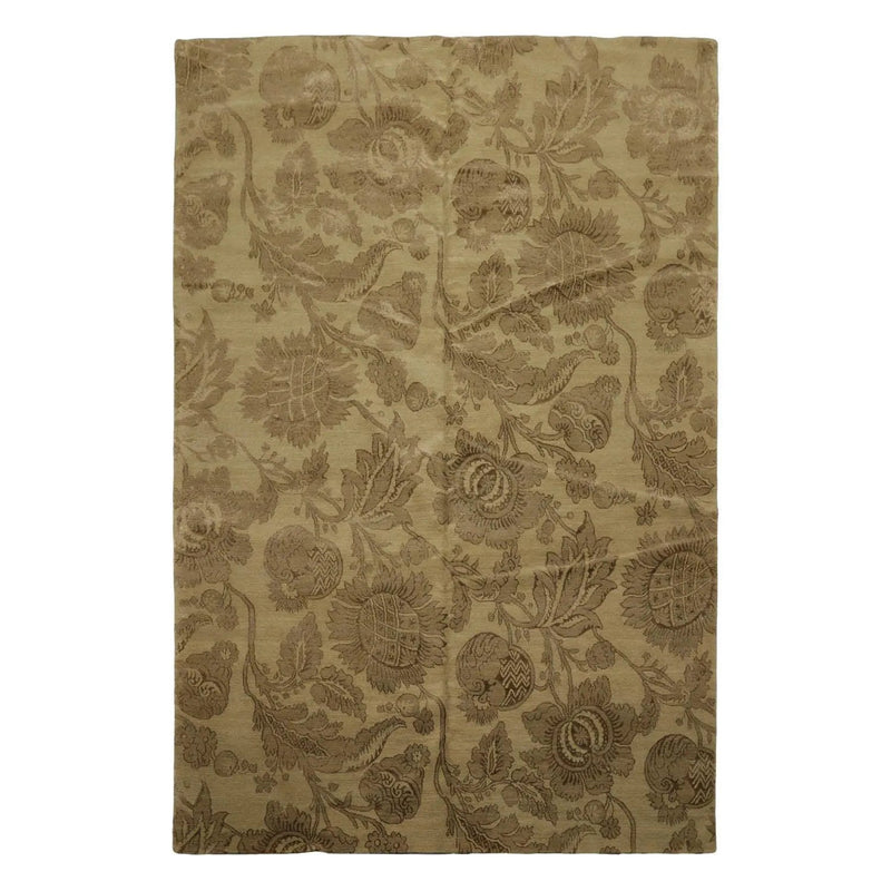 6x9 Olive Green Lapchi Hand Knotted Botanical Wool & Silk Tibetan Transitional Area Rug