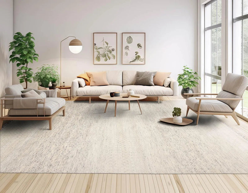 8'x10' Beige Hand Knotted Modern Geometric Tibetan Wool and Bamboo Silk Oriental Area Rug