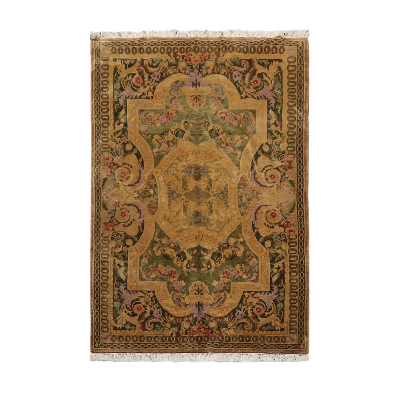 6x9 Pale Gold, Sage Hand Knotted 100% Wool French Aubusson Savonnerie  Traditional Oriental Area Rug