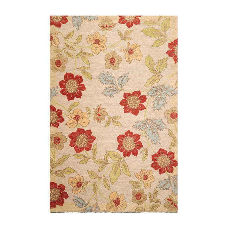 5'6''x8'6'' Hand Knotted Tibetan 100% Wool Transitional Oriental Area Rug Beige, Lime Color