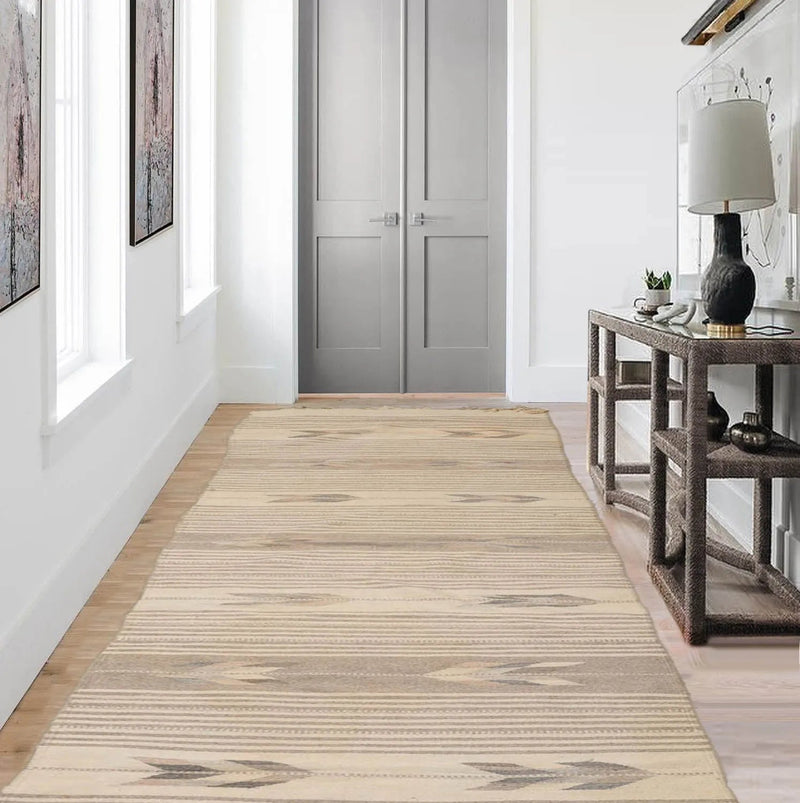 2'3''x9'4'' Hand Knotted Dhurry/ Kilim Flatweave 100% Wool Southwestern Southwestern  Oriental Area Rug Beige, Tan Color Runner