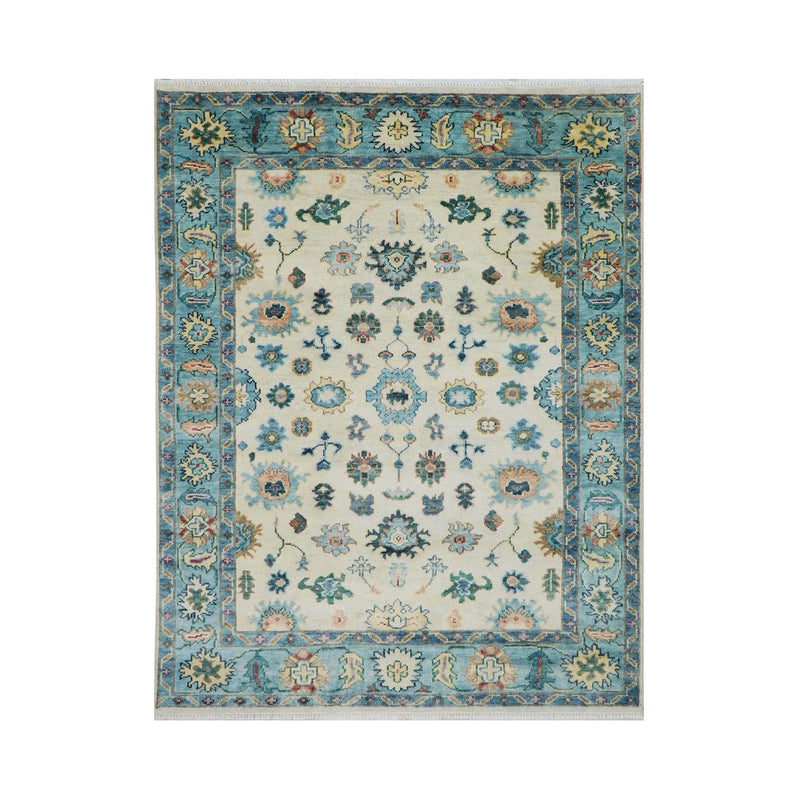 7'9''x9'11'' Beige, Aqua Hand Knotted LoomBloom Muted Turkish Oushak  100% Wool Transitional Oriental Area Rug