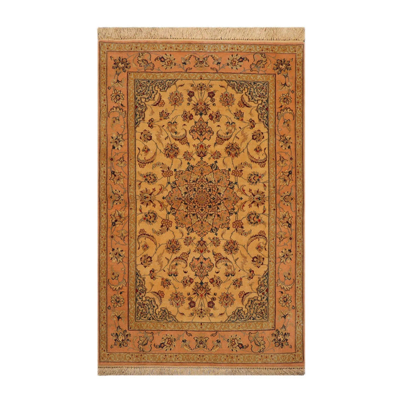 3' 1''x5' 2'' Hand Knotted 100% Pure Silk Traditional Isfahan with 400 KPSI Oriental Area Rug Gold, Peach Color