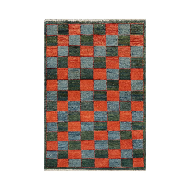 3'x4'7'' Orange, Blue Hand Knotted 100% Wool Peshawar Modern & Contemporary Oriental Area Rug