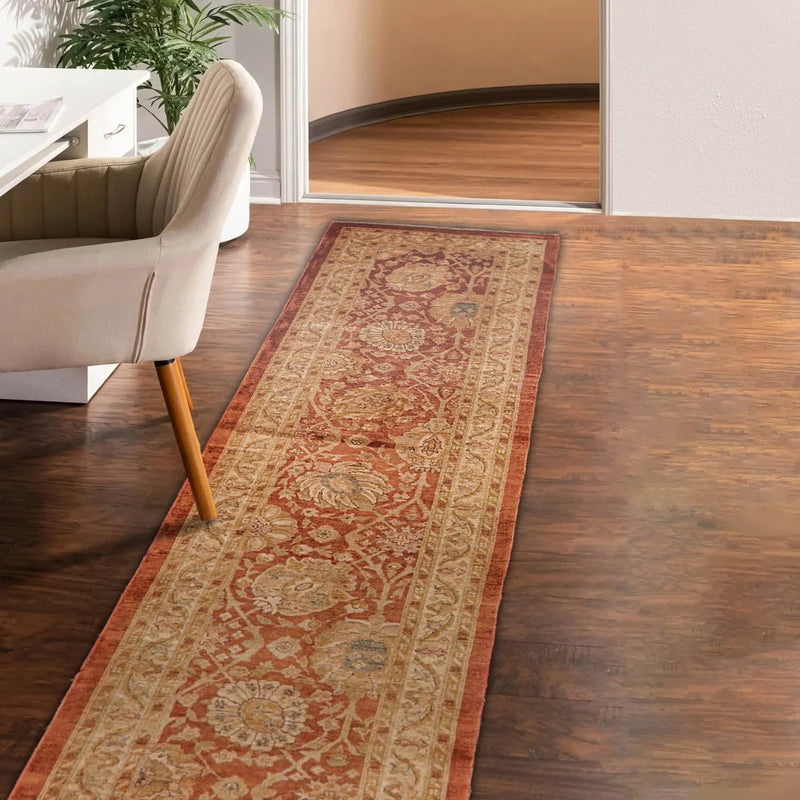 2'8''x11'4'' Terracotta, Beige Hand Knotted 100% Wool Chobi Peshawar Traditional Oriental Area Rug Pale Runner